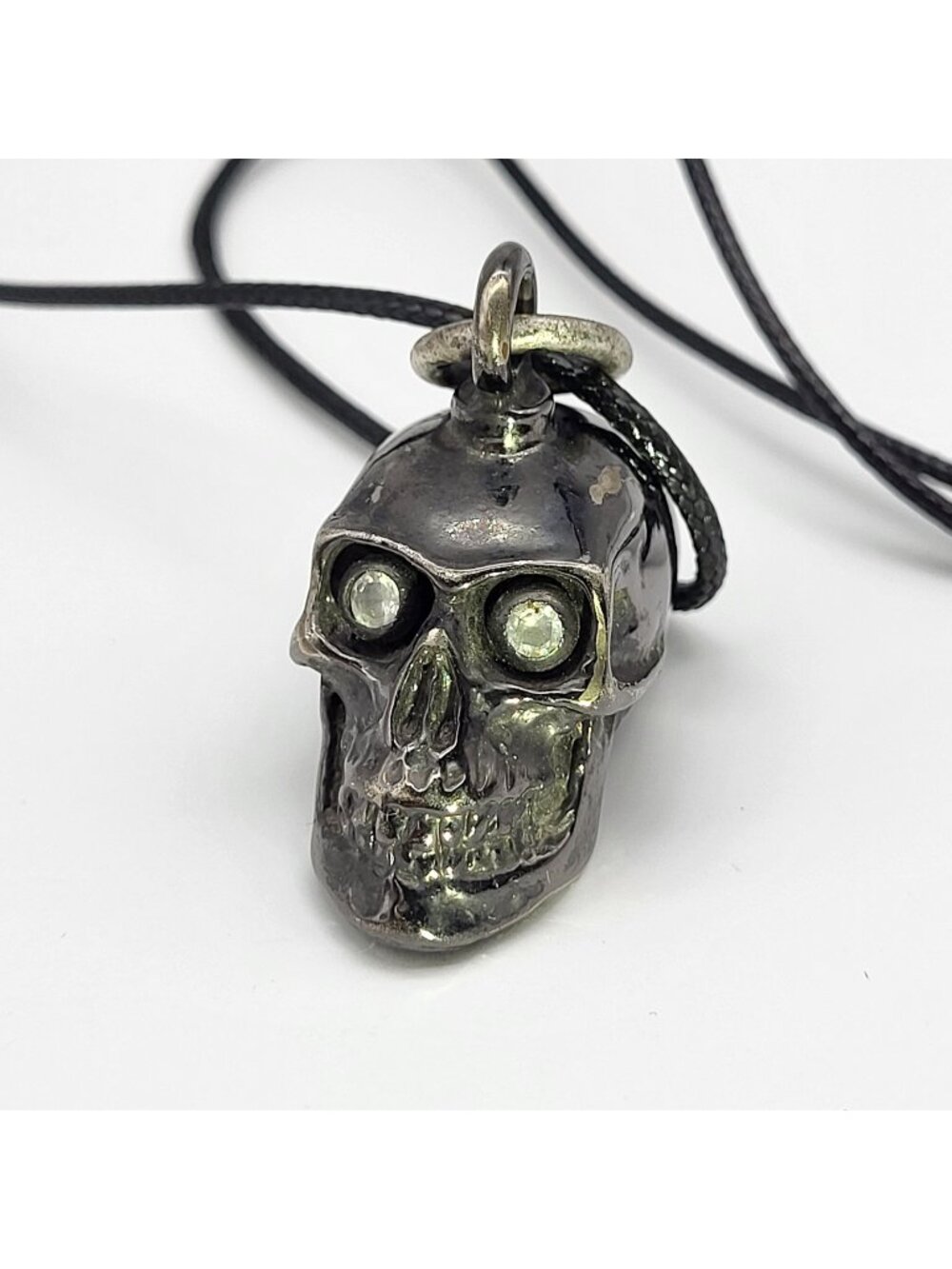 Gunmetal Gray Skull Crystal eyes Bell Pendant Biker Goth Halloween USA Made